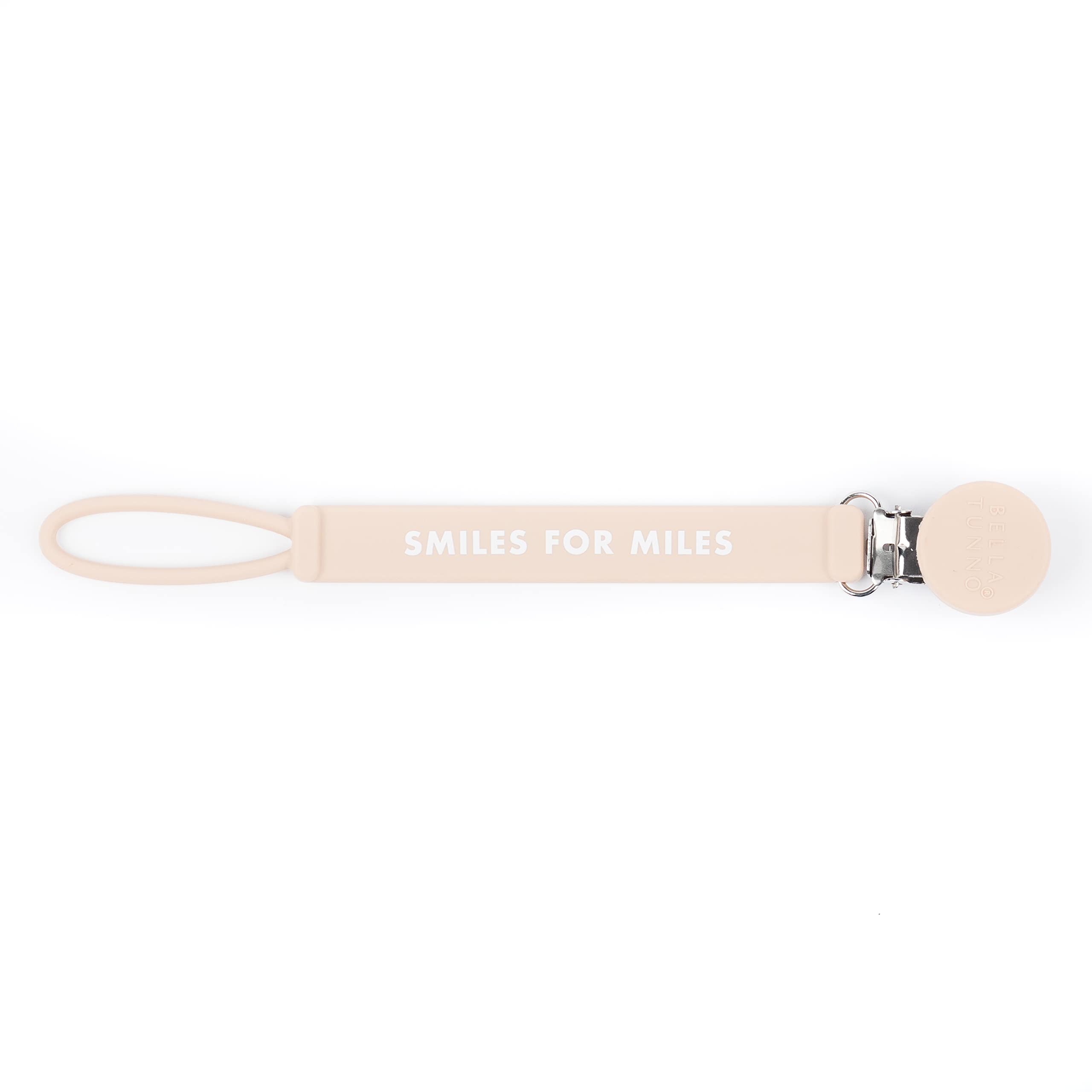 BELLA TUNNO Signature Pacifier Clip – Silicone Pacifier Holder with Universal Fit for Baby Pacifiers, BPA Free Silicone Strap with Fun Sayings (Smiles for Miles)