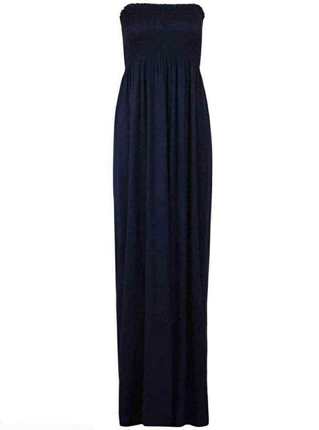 Fairy Trendz Ltd Women's Navy Plain Shirred Bandeau Strapless Ruched Long Boob Tube Jersey Summer Maxi Dress Sheering Maxi Maxy( Uk 16-18)