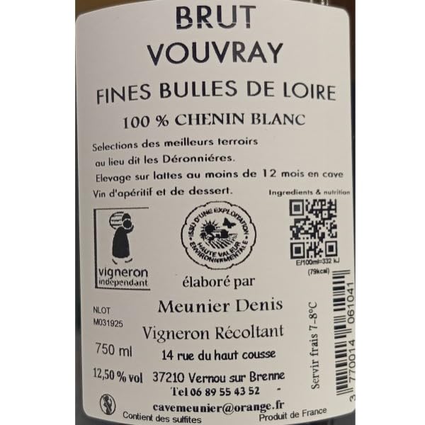 Vouvray AOC Blanc pétillant 100% chenin "méthode traditionnelle fines bulles" Viticulteur récoltant, 6 x 75cl.