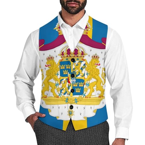 Sweden Flag Swedish Suit Vest for Men Waistcoat Dressy V Neck Button Down Sleeveless Business Jacket Coat