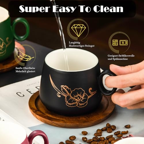 Yundu Matte Ceramic Cappuccino Cups Set of 4-300 ml Cappuccino Cups with Wooden Coasters & Gold Flower Design, Coffee Cups Set with Saucer for Latte Art, Espresso Cups, Tea - Image 4