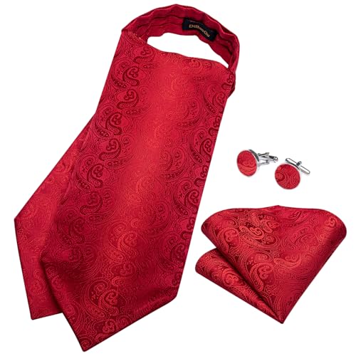 Image of DiBanGu Mens Silk Ascot Ties Paisley Jacquard Woven Cravat and Pocket Square Cufflinks with Lapel Pin for Business Wedding