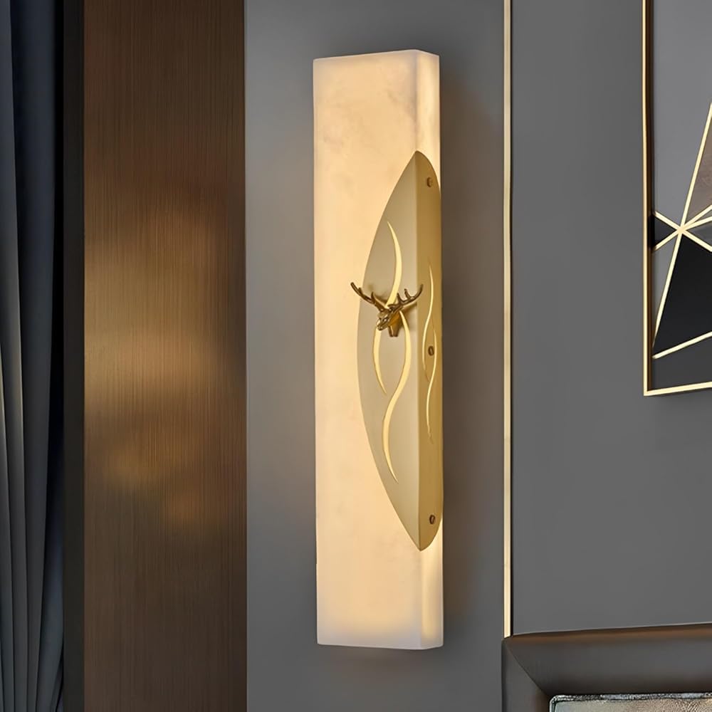 HPTHLY Natural Marble Wall Sconce Alabaster Sconce Lighting Gold Brass Wall Lamp Square Linear Stone Wall Light With Dimmable Led Light For Living Room Bedroom Bathro(47Cm)