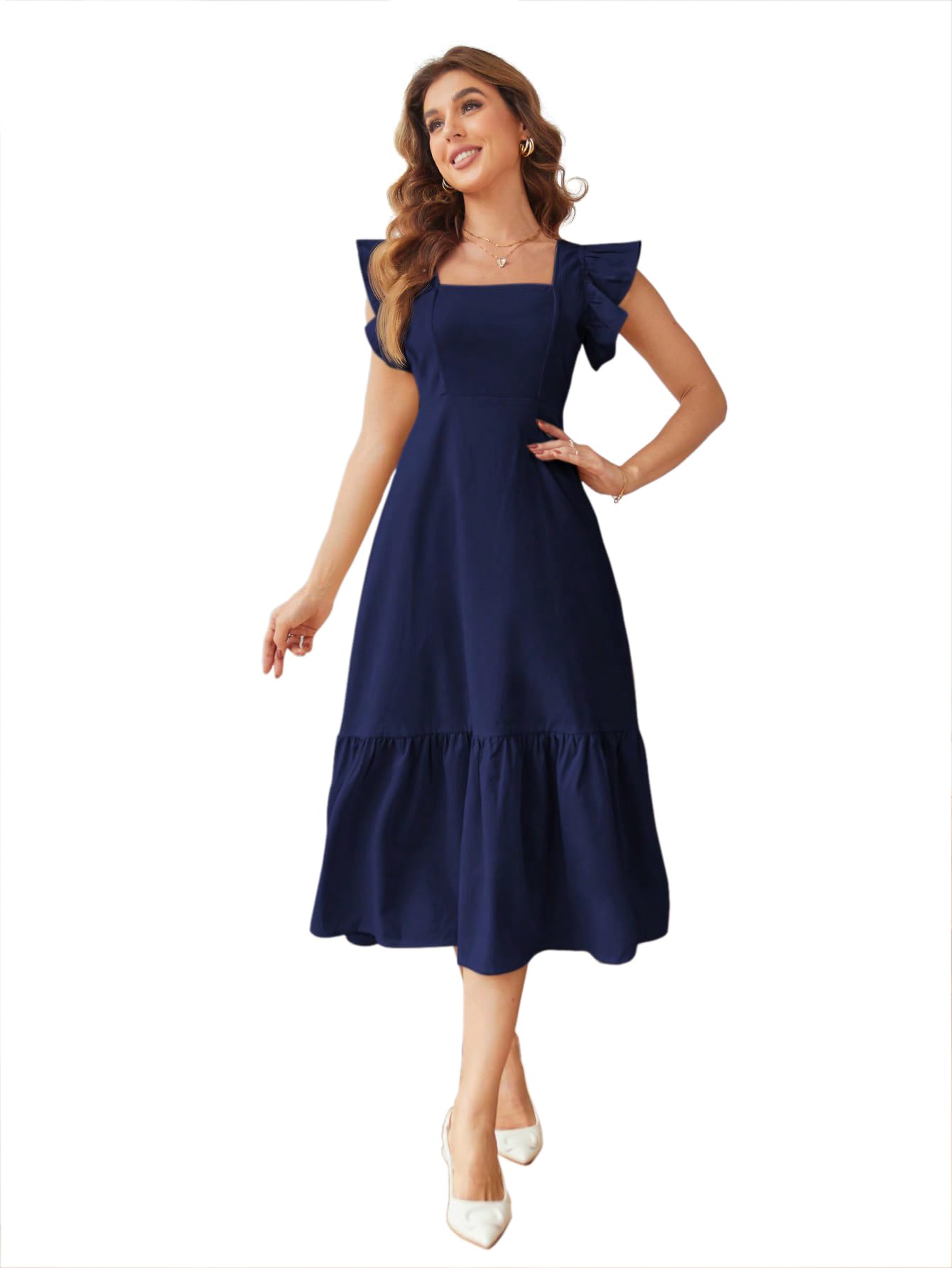 Shasmi Girl's & Women's Solid Navy Blue Color Square Neck, Ruffle-Trimmed Hem Sleeveless, Ruffle Armhole And Casual Dress With Cinched Waist Vacation Outfits Woman (Dress 162 N Blue-2Xl)