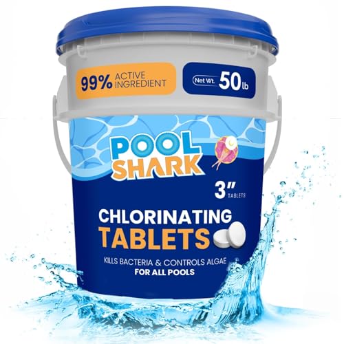 Image of Pool Shark Swimming Pool Chlorine Tablets - 3-Inch Chlorine Tablets - Slow-Dissolving 90% Active Chlorine Tabs - Pool Chemicals for Inground Pools, Above Ground Pools, Saltwater, Spa, Hot Tub (50 lbs)