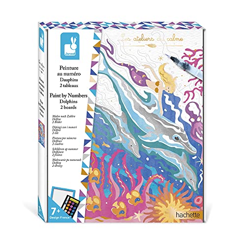 Janod - Coffret Peinture Par Numéro Dauphins - 2 Tableaux à Réaliser - Les Ateliers du Calme - Dès 7 Ans, J07981