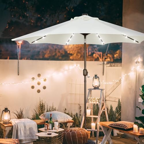 Image of Blissun 9 ft Solar Umbrella, 32 LED Lighted Patio Umbrella, Table Market Umbrella, Outdoor Umbrella for Garden, Deck, Backyard, Pool and Beach (Creamy White)