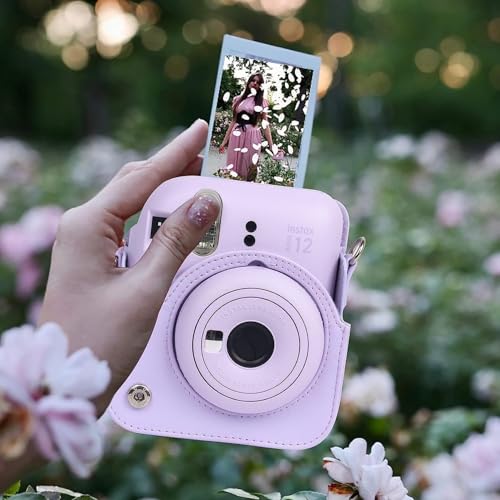 Image of Breatoi PU Leather Camera Case for Mini 12 - Rainproof, Soft, and Stylish in Lilac Purple with Adjustable Shoulder Strap (Camera not Included)