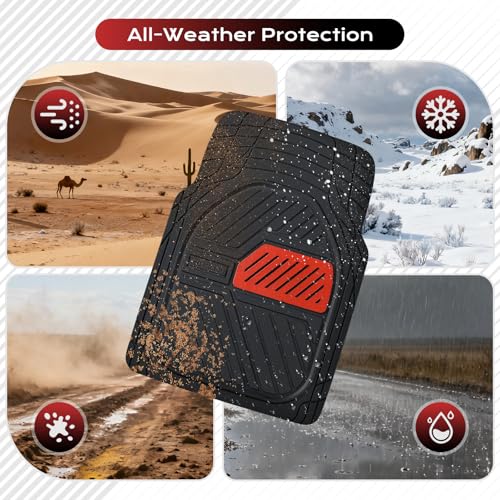 Image of Coverado Car Mats Full Set, All Weather Floor Mats for Cars, Waterproof Deep Dish Automotive Floor Mats with Anti-Slip Backing, Car Floor Mats Universal Trim-to-Fit for Most Cars Trucks, BlackRed