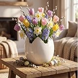 Leinuosen 6.7 Inch Ceramic Easter Egg Vase, Large White Eggshell Flower Planter Pot, Spring Decorative Plant Bowl Flower Vase for Easter Spring Farmhouse Home Garden Office Decorations Gifts (Solid)