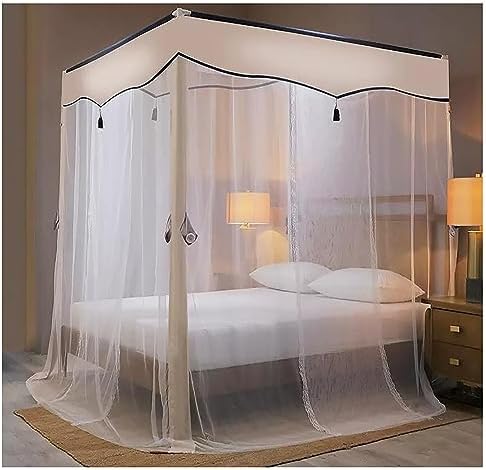 Elegant Canopy Curtain Bed Frame Cozy Drape Mosquito Net Bed Frame Curtain Canopy Four Corner Post Bed Netting Canopy for Bedroom Decoration,B Beige,Twin