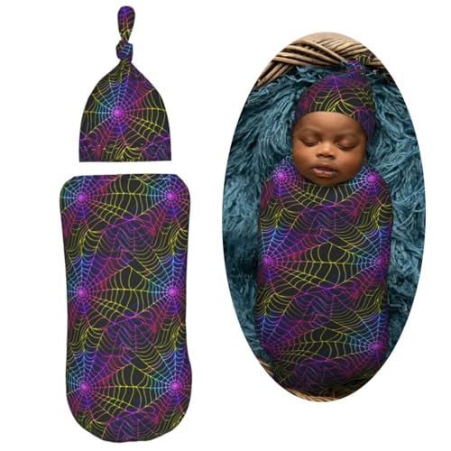 Image of Neon Spiderweb Newborn Swaddle Blankets Hat Sets Soft Baby Receiving Blanket Swaddle Sack for Baby Shower Infant Boy Girl Gift