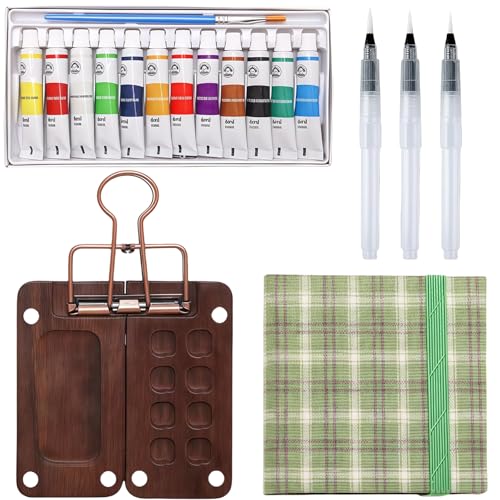 Yamobi Mini Aquarell Travel Set, Mini Paint Pad Palette Aquarell, Mini Portable Watercolor Palette mit Farben, Wasserfarbenpinseln, Büroklammer, Skizzenbuch