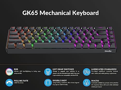 Geeky GK65 65% | Hot Swappable Mechanical Gaming Keyboard | 68 Keys Multi Color RGB LED Backlit for PC/Mac Gamer | ANSI US American Layout (Black, Mechanical Speed Silver) - Image 6