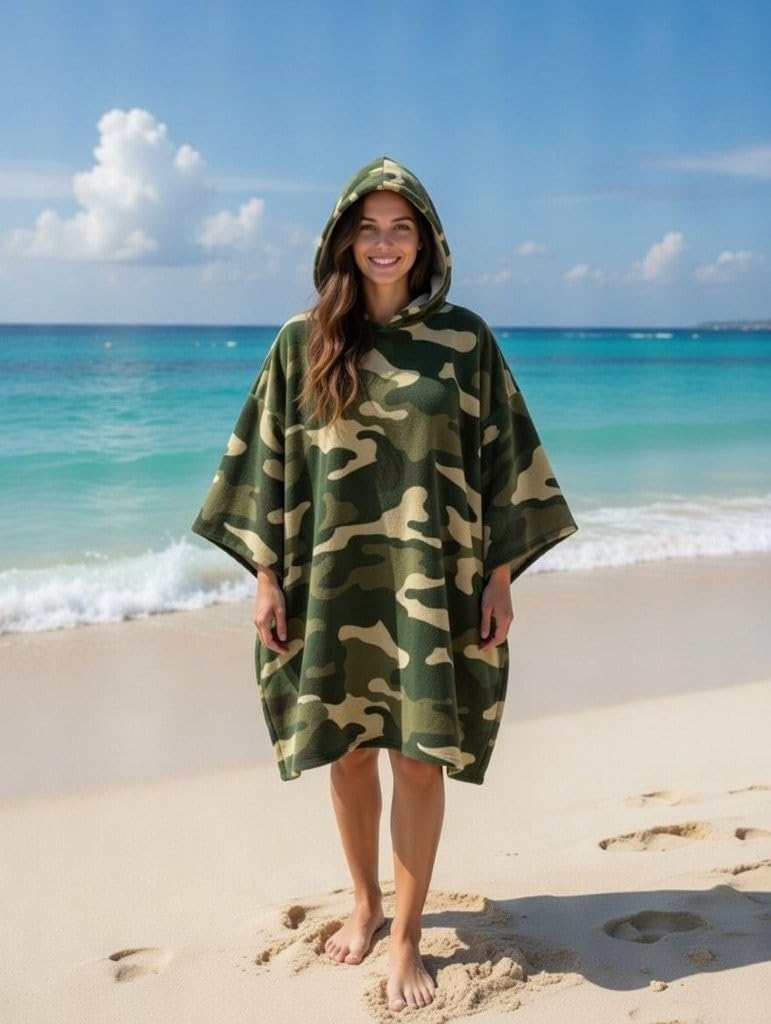 Goldstar Adult Beach Poncho Sand Free Robe, Quick Dry Microfibre Hooded Towel, Swim Cover Up for Beach, Surfing, Swimming & Travel, Lightweight Hooded Changing Towel Robe (Camouflage - Khaki Green)