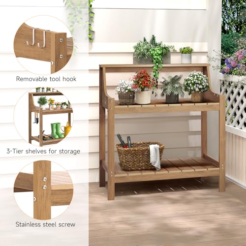 Potting-Bench-Table-HDPS-Potting-Bench-with-4-Side-Hooks-All-Weather-Garden-Table-Work-Station-Outdoor-Potting-Table-for-Porch-No-Rust-No-Fade-No-Break-360lbs-Capacity-Teak-Large Potting Bench Table HDPS Potting Bench with 4 Side Hooks All Weather Garden Table Work Station Outdoor Potting Table for Porch No Rust No Fade No Break 360lbs Capacity Teak Large
