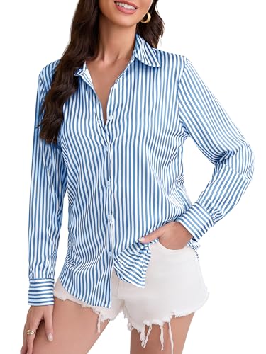 Image of Premium Soft Breathable Stretch Satin Silk Button Down Shirts for Women Long Sleeve Leopard Blouses Work Dress Tops