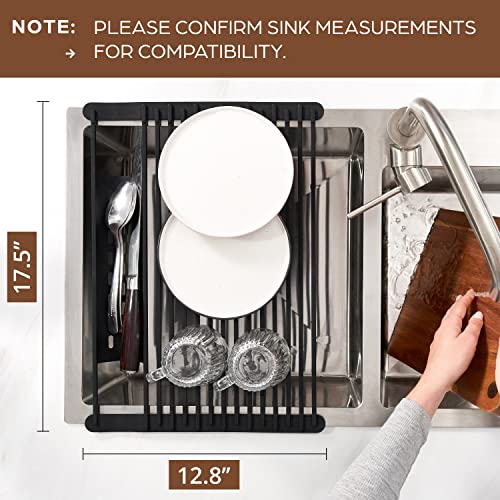 Belle Terre Roll Up Dish Drying Rack For Small Kitchen Sink - 17.5" X 12.8" - Silicone Roll-Up Dish Rack With Utensil Tray - Roll Out Dish Drying Rack Over Sink - Solid Steel Construction #TOP1