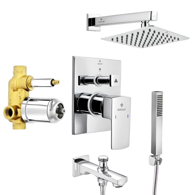 Enicet Single Lever Diverter With Spout, Overhead Shower & Hand Shower, High Flow, Brass Build, Chrome Plated, 3 Flow Function Hand Shower, Bathroom Shower Set, Bathroom Mixer (TE134 SPH) (B0DCW8X51S) Amazon Price History, Amazon Price Tracker