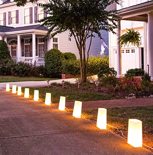 Elf Logic - Set of 10 Electric Luminary Bags (Incandescent Lights) - Plug in and Weatherproof Vellum Luminary Pathway Lighting - Reusable Luminary Bags - Perfect Outdoor Luminary Lights