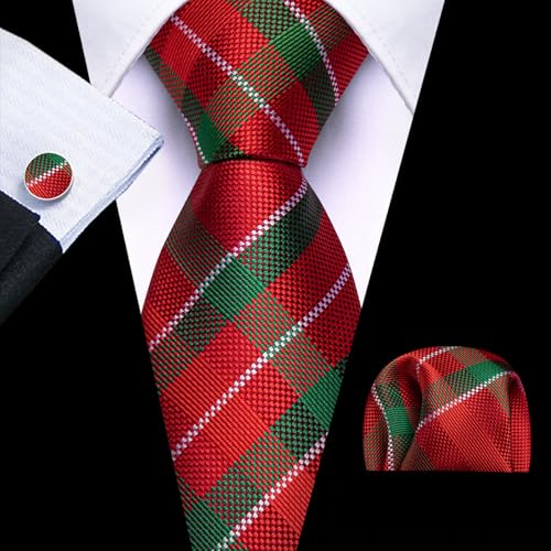 Image of Barry.Wang Plaid Ties Check Mens Necktie Set with Handkerchief Cufflinks Classic Stripe