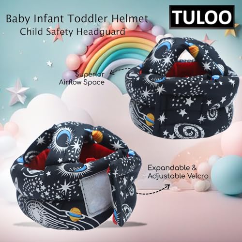 Image of TULOO Baby Infant Toddler Helmet No Bump Safety Head Cushion Bumper Bonnet Adjustable Protective Printed Cap Child Safety Headguard for Running Walking Crawling Safety Helmet (Black with Knee Pad)