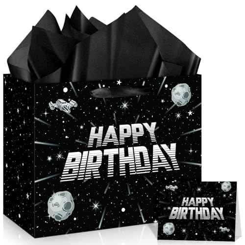 Galaxy Birthday Gift Bag Space Star Gift Bag for Kids Boys Men with Tissue Paper Greeting Card Star Theme Birthday Party Decorations Black Sliver Wrapping Paper Bag for Space Party Supplies