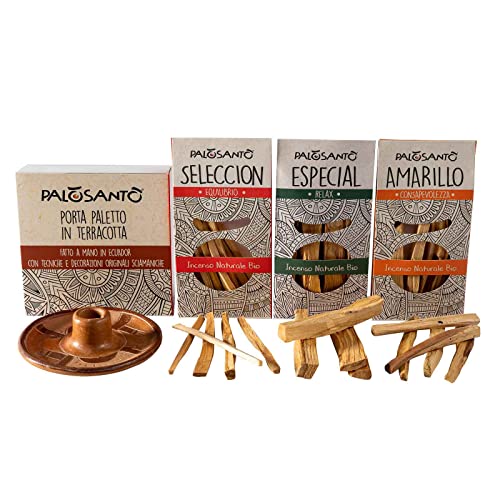 PALOSANTO – Palo Santo Bundle - 5 Amarillo Sticks + 5 Seleccion + 3 Especial + Palo Santo Holder - Bursera Graveolens from Ecuador and Peru – Terracotta Plate Handmade in Ecuador