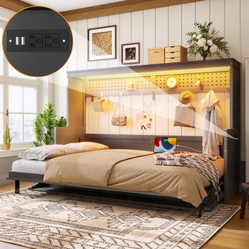 Bellemave Full Size Murphy Bed with Desk & USB Charging Station, Wooden Murphy Cabinet Wall Bed with Storage Pegboard & LED Lights for Guest Room/Home Office/Studio Apartment (Dark Gray/Full)