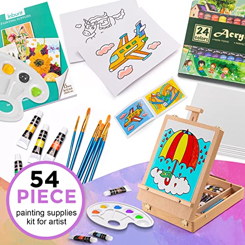 Art Paint Set With Wooden Easel Box, 24 Colors Acrylic Paints, 8 Paint Brushes, 6 Canvas Panel Etc. Creative Paining Supplies Kit For Kids, Student, Adult And Artist, #TOP1