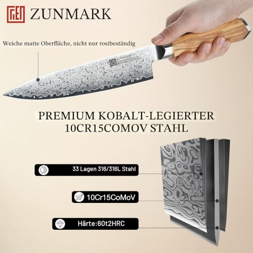 ZUNMARK Kochmesser 20cm Damastmesser, professionelles Küchenmesser scharfes – Ansicht 4