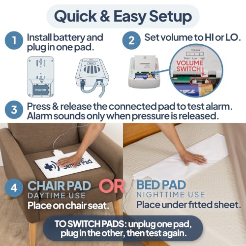 Image of Smart Caregiver Bed and Chair Exit Alarm System for Fall /Wandering Prevention - Know When They get up! Includes Monitor with 10in x 30in Bed Sensor Pad and 10in x 15in Chair Sensor Pad