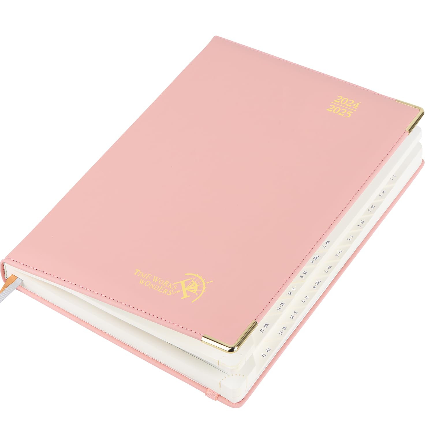 POPRUN Agenda 2024 2025 Semana Vista Premium 26,5 x 21,5 cm, Agenda Semanal 2024 con Tapa Dura, Esquinas Protectoras de Oro, Papel Certificado FSC® 100 GSM, Rosa Pálido