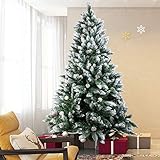 Cliselda 4ft Snow Flocked Christmas Tree w/18 Pinecones, 360 Frosted Tips, Sturdy Metal Stand, Pre-Decorated Artificial Xmas Tree for Indoor Home,Office,Holiday Party Decoration