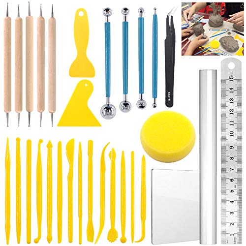 Glarks - Glarks Lot de 30 outils de sculpture en argile avec outils de modelage en plastique, outils de modelage à double extrémité et stylet à bille pour embossage, coloration, nail art.