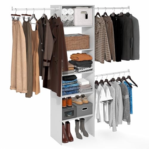 Image of Furinno FANO Closet Organizers and Storage, 5-Tier Wide Closet Storage Organizer with 3 Hanging Bars and Adjustable Shelf, Wardrobe Closet Shelf Tower, 14.8 x 23.6 x 82.1 for Bedroom, White