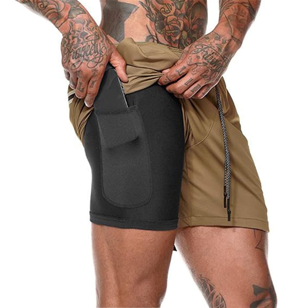 Surwin Men's Brown Quick Dry Swim Trunks Swimming Shorts With Compression Liner 2 In 1, Summer Beach Pants Casual Running Gym Sports Pants Boardshorts With Pockets