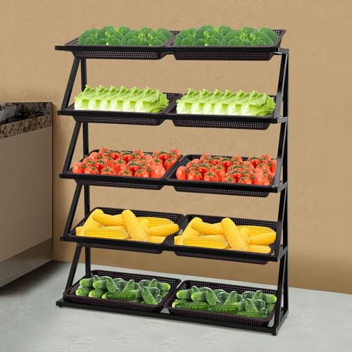 Fruit Vegetable Basket Stand Market Retail Display Rack Shelf,5 Tier Basket Set Shelf with 10 Plastic Baskets,Produce Storage Basket Stand Merchandiser Rack for Kitchen,Retail Store (Black & Coffee)