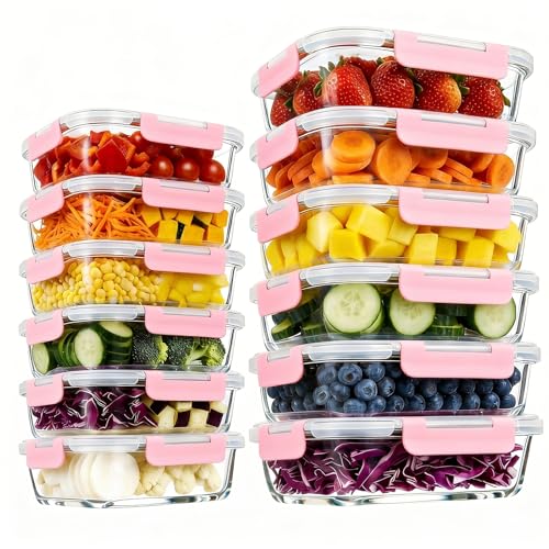 Image of Konokyo Pink Glass Food Storage Containers with Lids, Meal Prep, 12 Pack