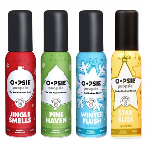 Oopsie Poopsie Holiday Scent Pre-Poo toilet spray, discreet & portable original odor deodorizer scents. Pocket-friendly pre-poo spray to use on the go 2 oz. Sprays 4-pack
