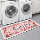 Laundry Room Rug Runner 20'x48' Pink Floral Laundry Rooms Mat Non Slip Washable Soft Laundry Rugs for Laundry Room Floor Farmhouse Kitchen Bathroom Hallway Entryway Decor