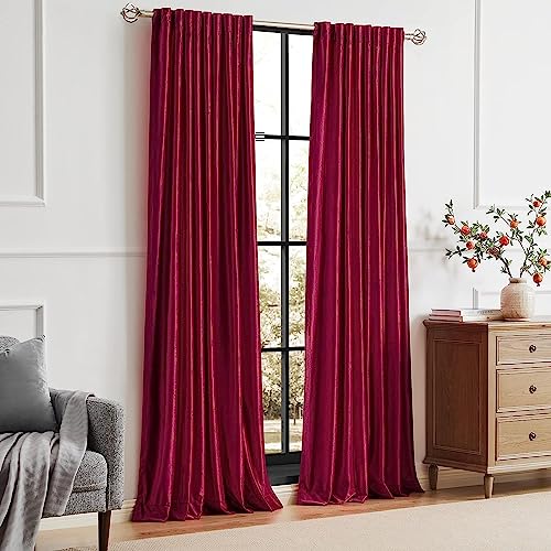 Image of PRIMROSE Red Curtains 90 inch for Living Room Velvet Drapes Blackout Rod Pocket Back Tab Window Treatment Semi Room Darkening Decor Curtains for Bedroom Set of 2 Panels