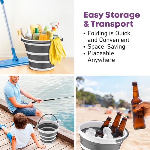 Image of Superio Collapsible Bucket 2 Gallon Bucket with Handle Grey Car Wash Bucket Small Foldable Silicone Pail for Camping, Fishing, Cleaning, Mopping, 10 Liter, 4