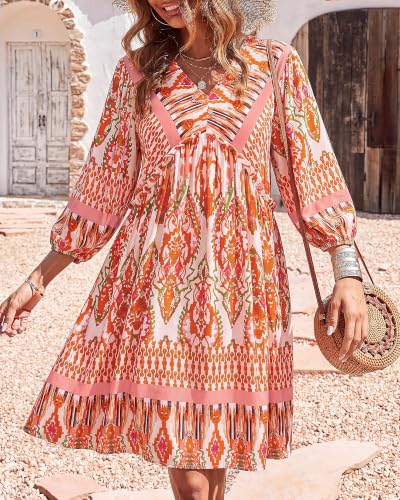 Image of BTFBM Women Casual Spring Summer Dresses V Neck 3 /4 Long Sleeve Ruffle Floral Flowy Boho Babydoll Mini Short Beach Dress