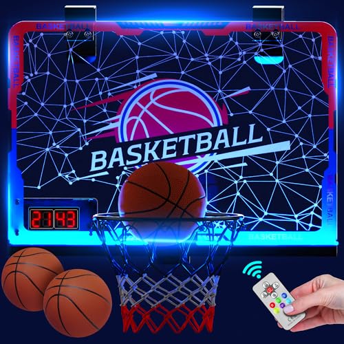 SKERITO Mini Basketball Hoop for Kids with LED Lights Automatically Scoring Indoor Set Wall Mounted Includes 3 Balls Toy Gifts for Boys Girls