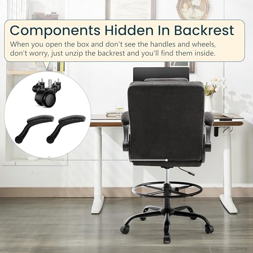 Image of Drafting Chair 500Lbs, Tall Office Chair for Standing Desk, Fabric Executive Office Chair with Flip-up Armrests, Ergonomic High Chair with Adjustable Foot Ring, Comfy Stool Chairs, Black