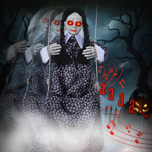 Scary Halloween Decor Outdoor - Halloween Hanging Swinging Doll Girl with Sound & Slap Activated,Light Up Eyes Creepy Sound Expression,Large Creepy Halloweens Decorations Props Indoor Outdoor,Black