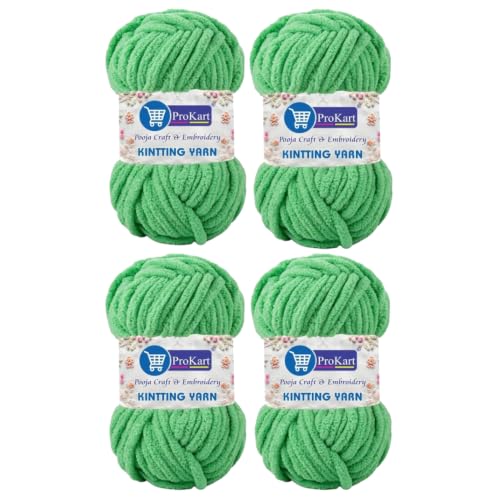 Image of ProKart Premium Blankie Wool, Plush & Cuddly, Chenille Yarn Supersoft Hand Knitting Wool Ball | Blanket Thick /Mottu Yarn Ball Suitable for Hand Knitting and Crocheting for Baby, Adult, Sweaters, caps, Throws, Home Furnishing, Scarves, Blankets (Light Green, 100gms x 4 Pack)