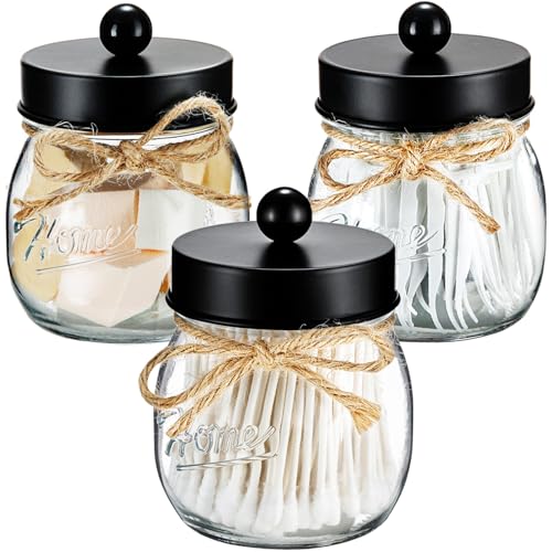SheeChung 3 Pack Glass Mason Jar Qtip Holder, Black Stainless Steel Lids | Clear Apothecary Jar Canisters Set,Bathroom Jar Dispenser,Vanity Storage Organizer for Cotton Swab,Ball,Floss,Farmhouse Decor