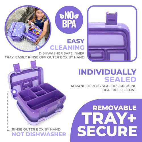 Image of Bento Box with Insulated Lunch Bag, Ice Pack & Water Bottle Set for Kids - 5 Compartments, Lunches or Snack Container Girls, Toddlers Daycare Pre-School, Kindergarten Purple Unicorn